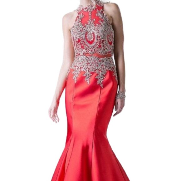 NWT Ladivine 8934 Metallic lace embroid Evening Dress Red Size 8 - Picture 2 of 7